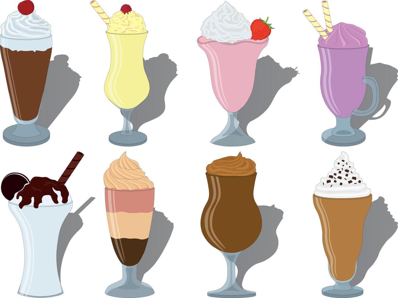 Sweet tasty beautiful desserts in high glasses with toppings vector illustration