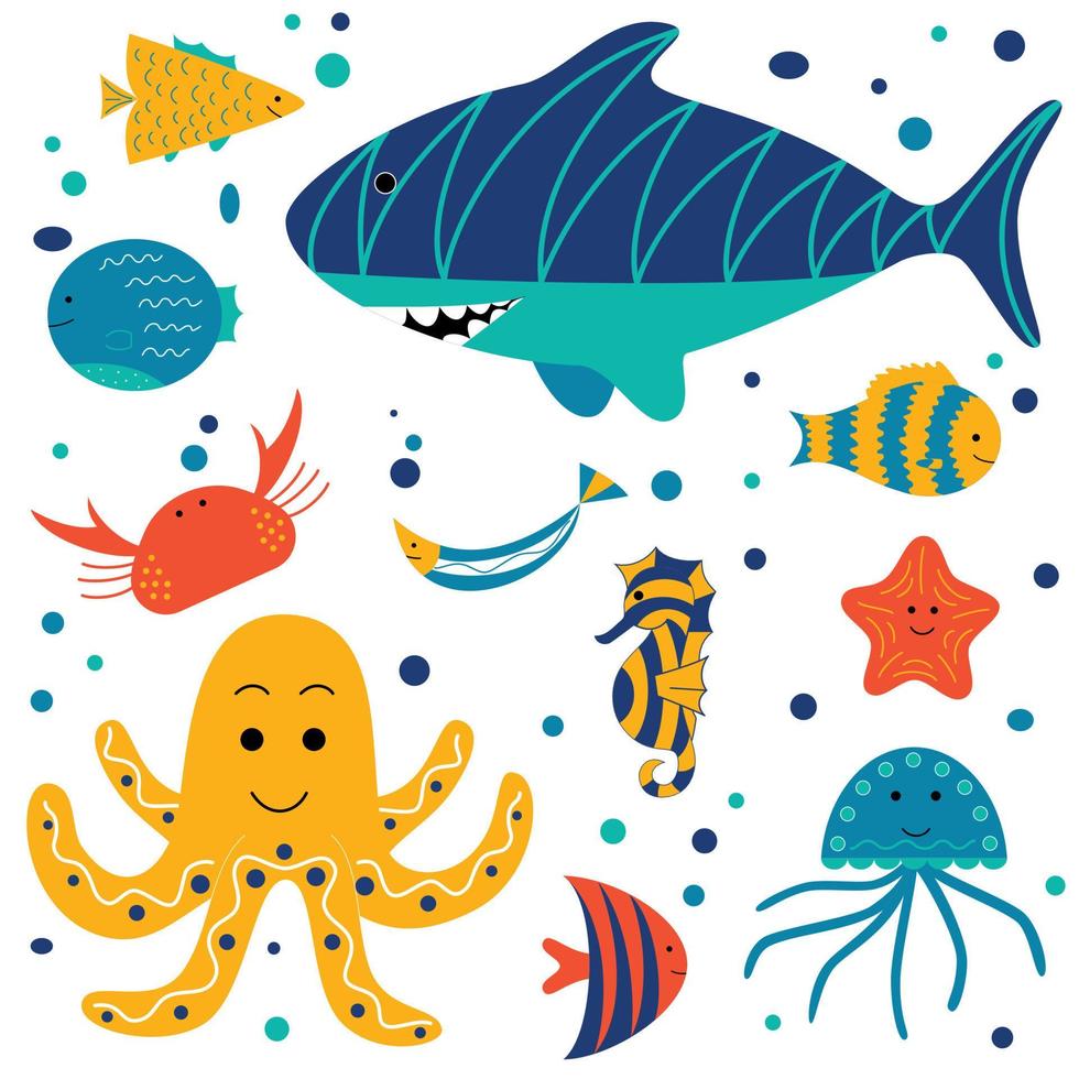 ambientado con adorables animales marinos sonrientes: tiburones, caballitos de mar, cangrejos, pulpos, medusas, estrellas de mar y varios peces. fauna marina y oceánica aislada sobre fondo blanco. ilustración vectorial de dibujos animados plana. vector