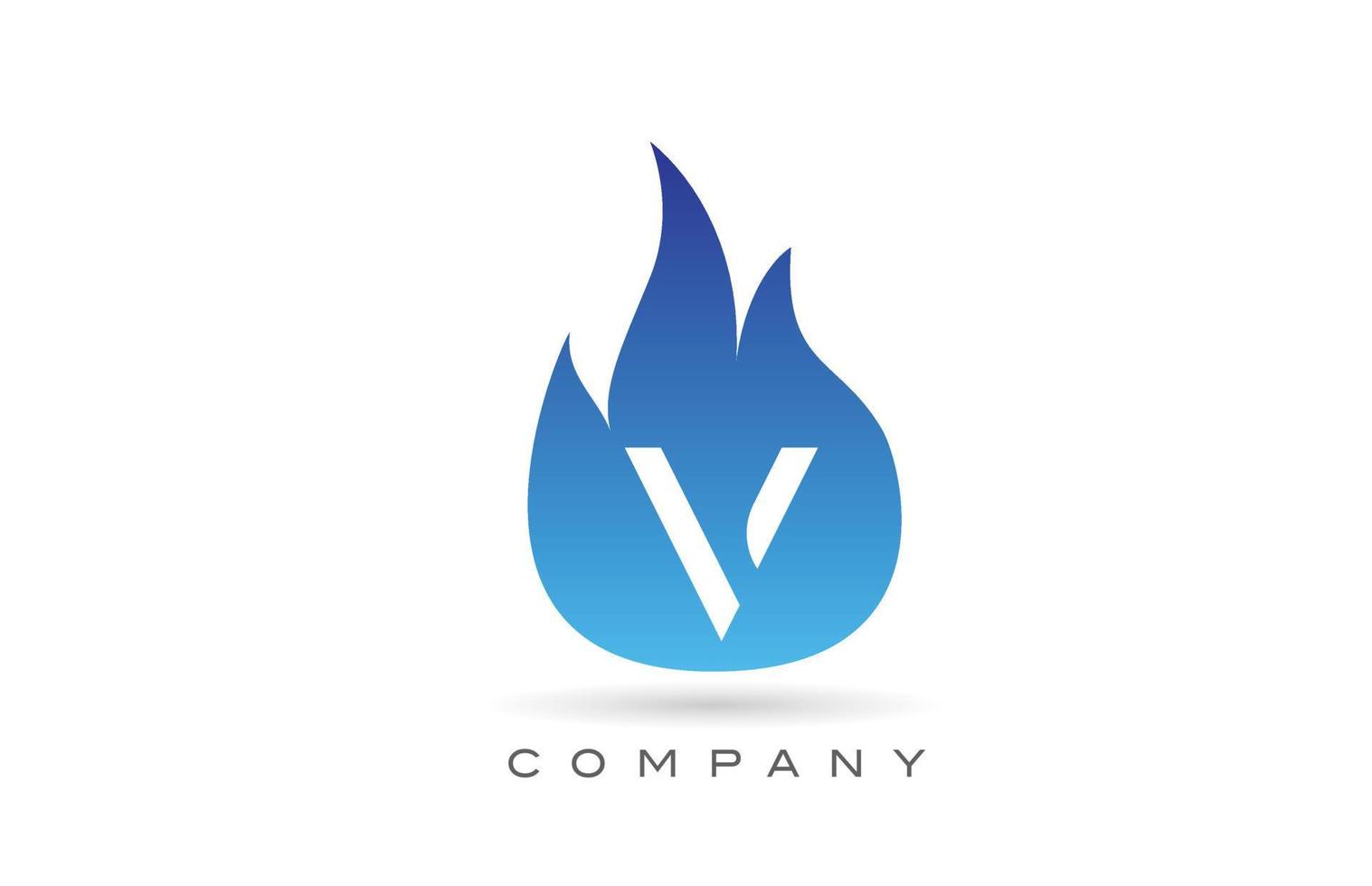 V blue fire flames alphabet letter logo design. Creative icon template for company and business vector
