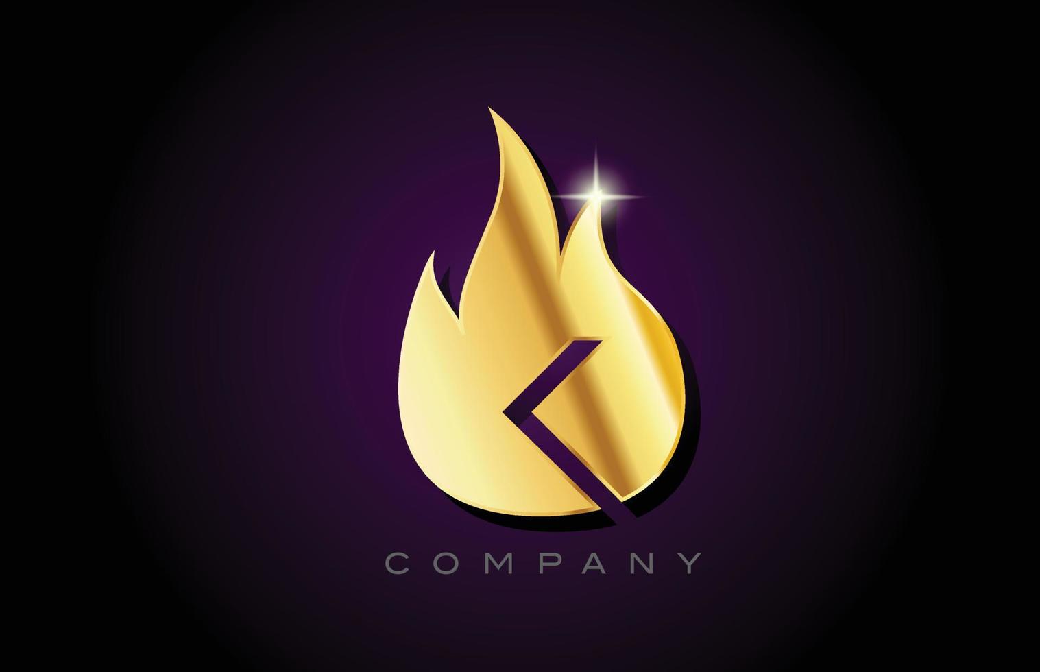gold golden flames K alphabet letter logo design. Creative icon template for business and company vector