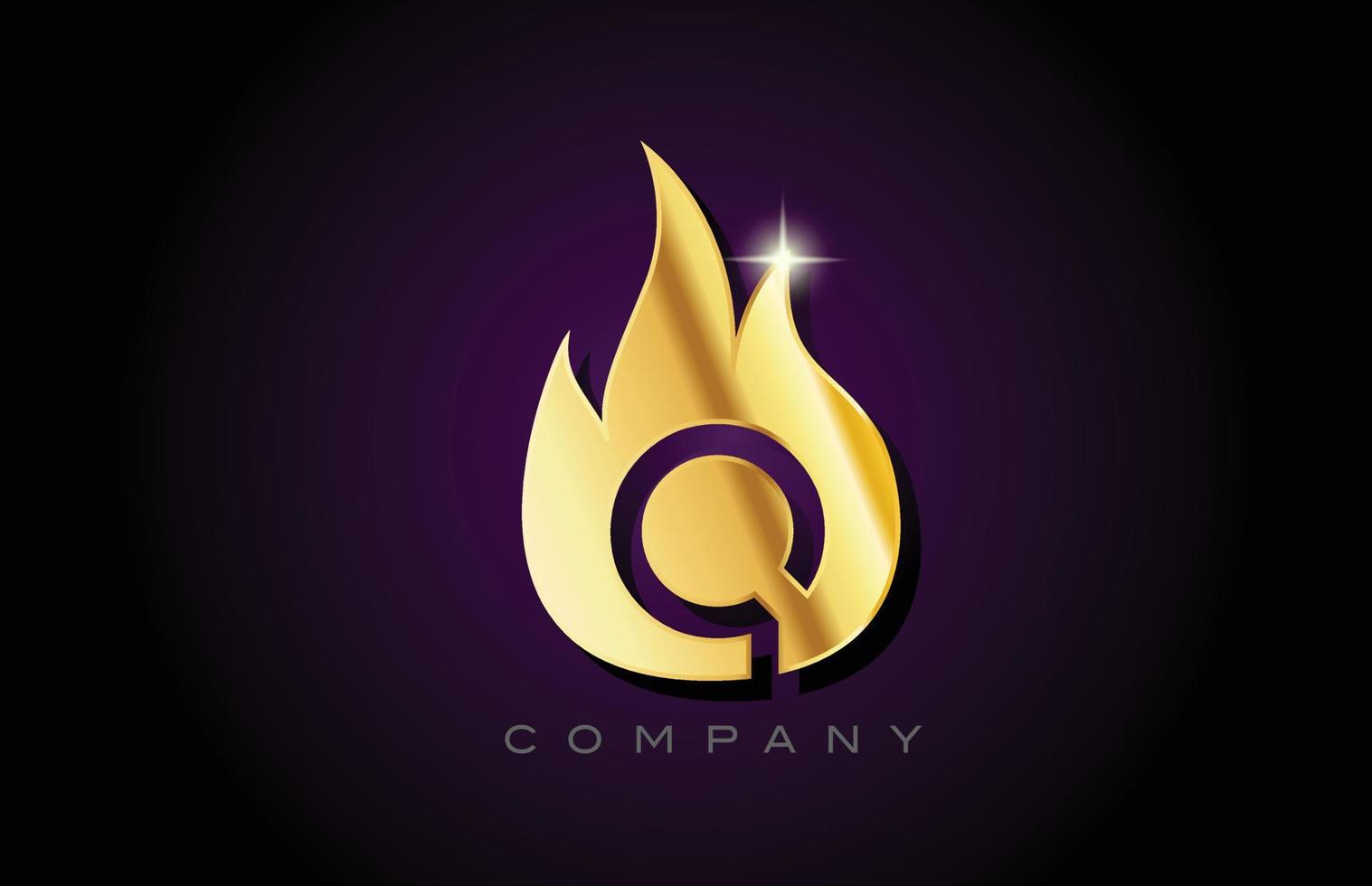 gold golden flames Q alphabet letter logo design. Creative icon template for business and company vector