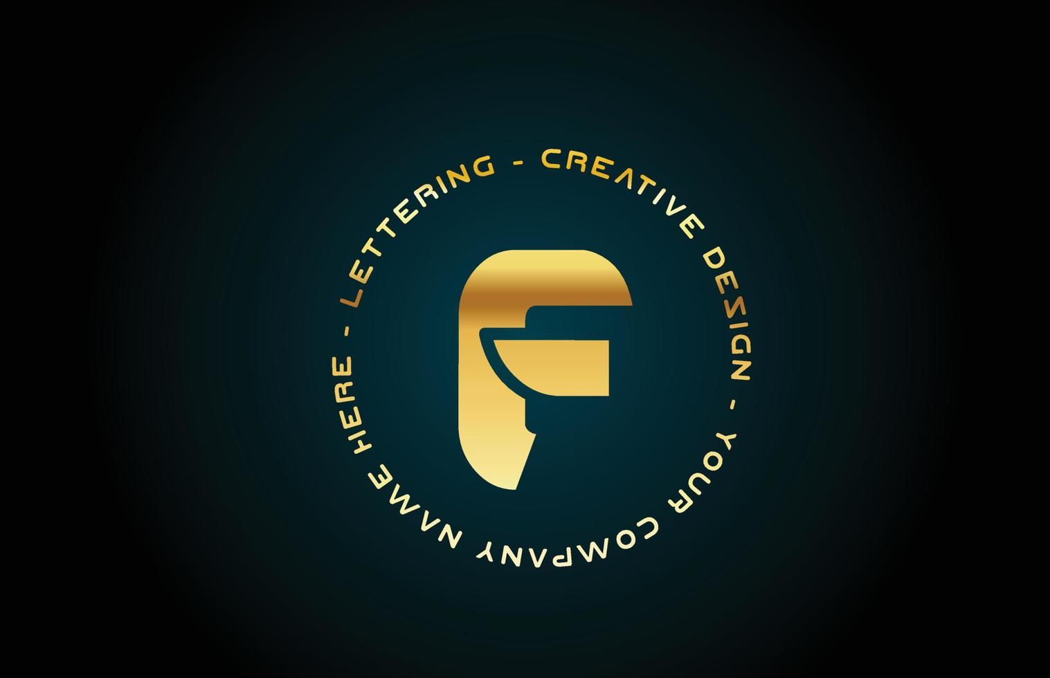 gold F alphabet letter logo icon design with text. Golden creative template for business and company with circle vector