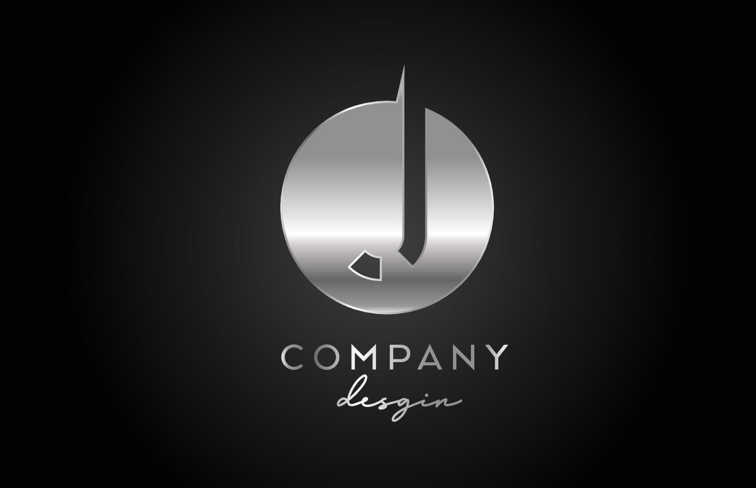 J silver grey alphabet letter logo icon with circle design. Metal creative template for company and business vector