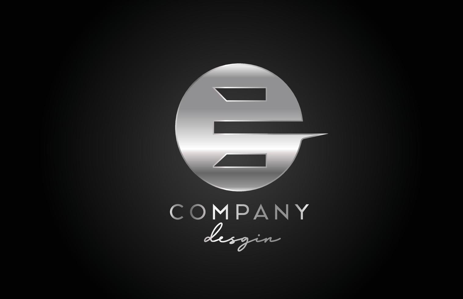 E silver grey alphabet letter logo icon with circle design. Metal creative template for company and business vector
