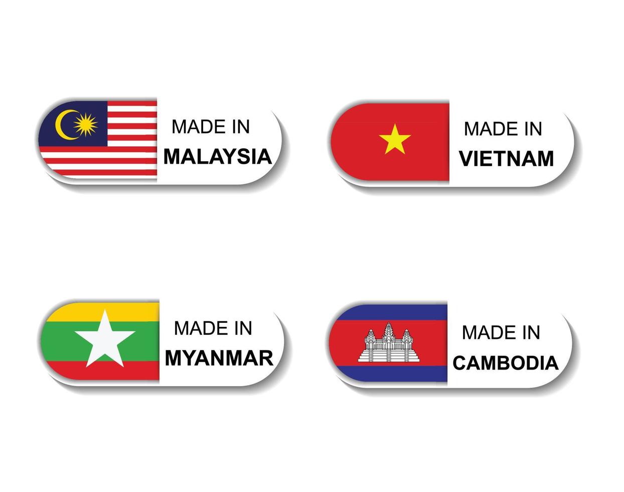 set de pegatinas hechas en malasia, myanmar, vietnam, camboya. icono simple con una bandera sobre fondo blanco vector