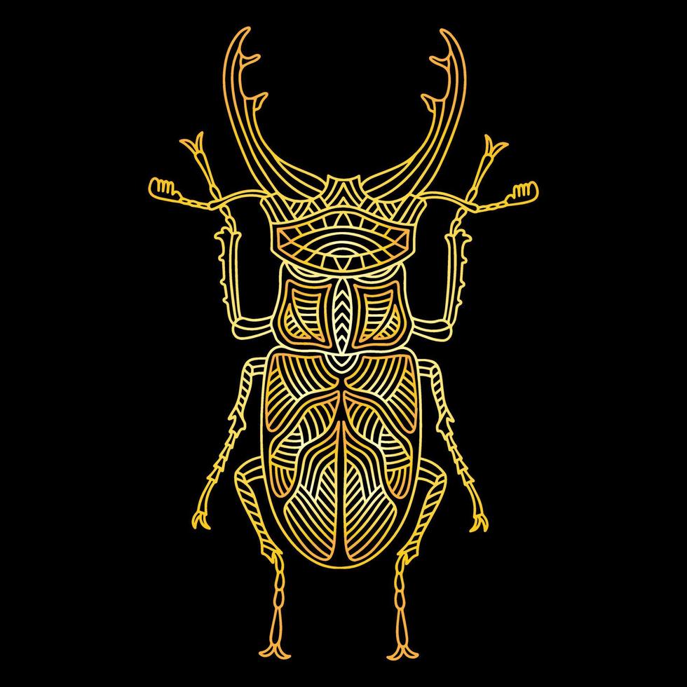 A golden beetle in a linear style. Linear vector illustration