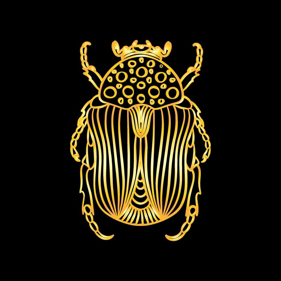A golden beetle in a linear style. Linear vector illustration