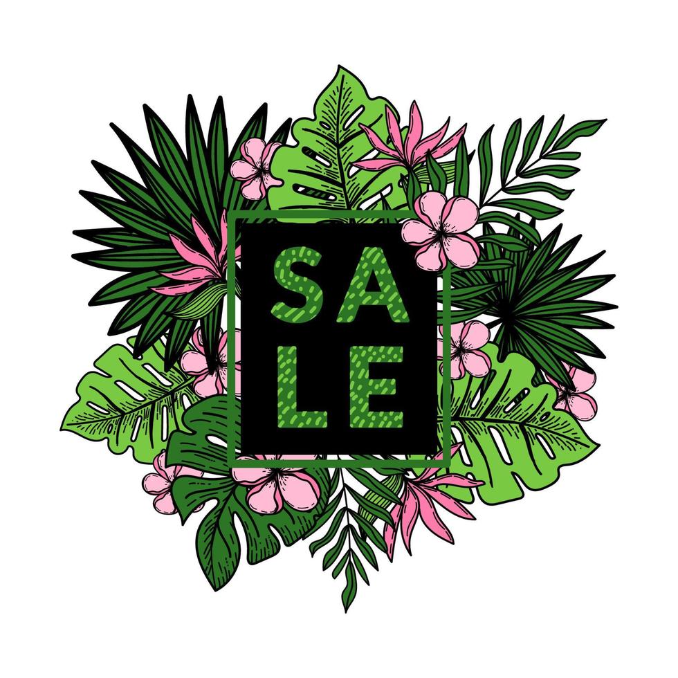 banner de ventas, descuento, afiche de hoja de palma, hoja de selva, flores exóticas y escritura a mano. vector hecho a mano en estilo garabato. fondo de verano tropical floral. ilustración vectorial