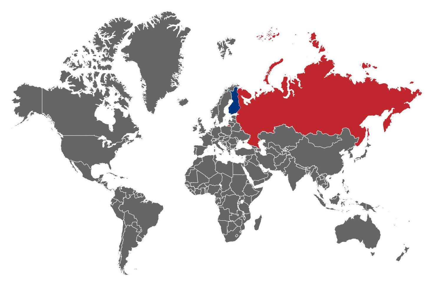 Grey world map with red Russia and blue Finland. vector