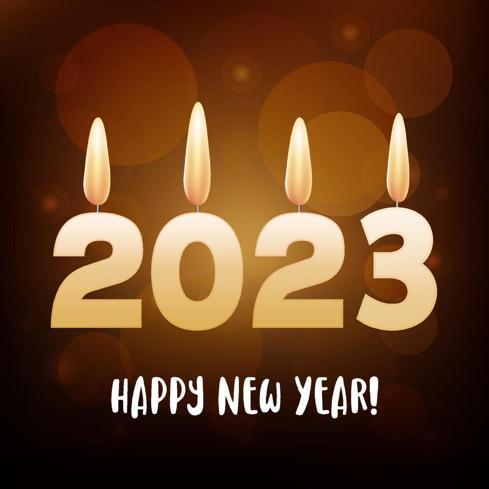 Golden candles of 2023 with confetti are burning on a black background. New Year's Eve 2023 vector