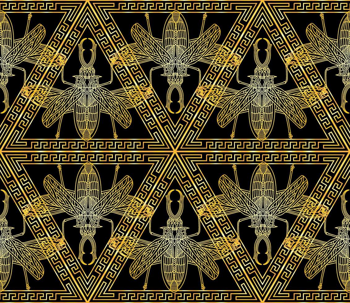 pattern with golden beetles in a triangular ornament in the Greek style vector
