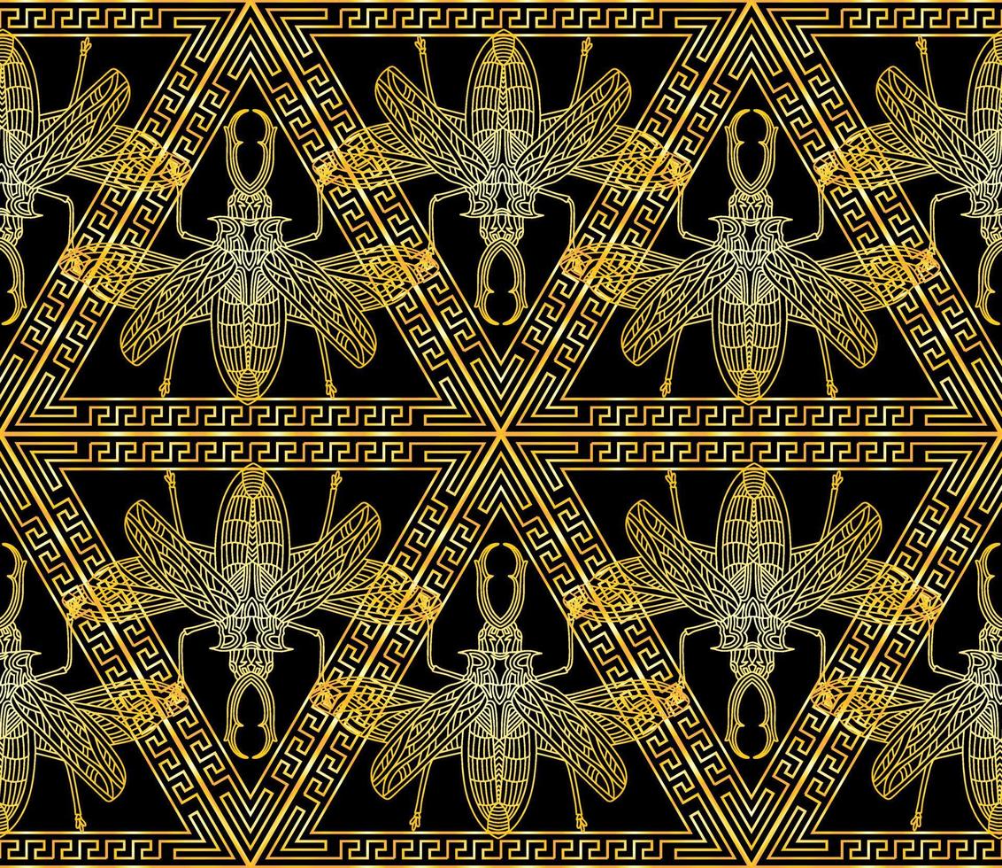 pattern with golden beetles in a triangular ornament in the Greek style vector