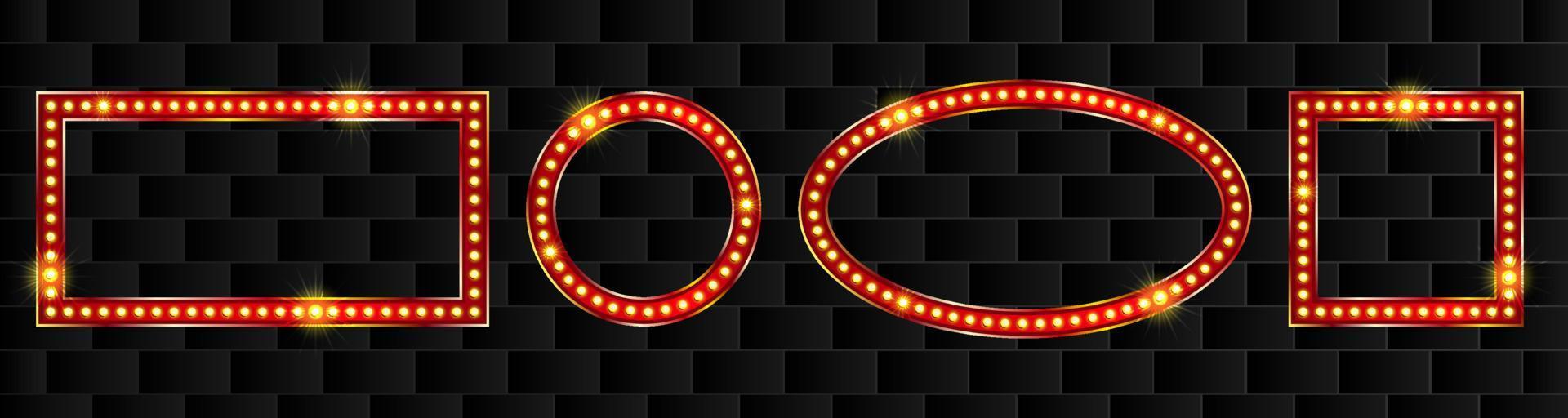 Simple geometric marquee red frames with retro lights. Glowing bulbs for circus advertisement. Vector Christmas promotion graphic