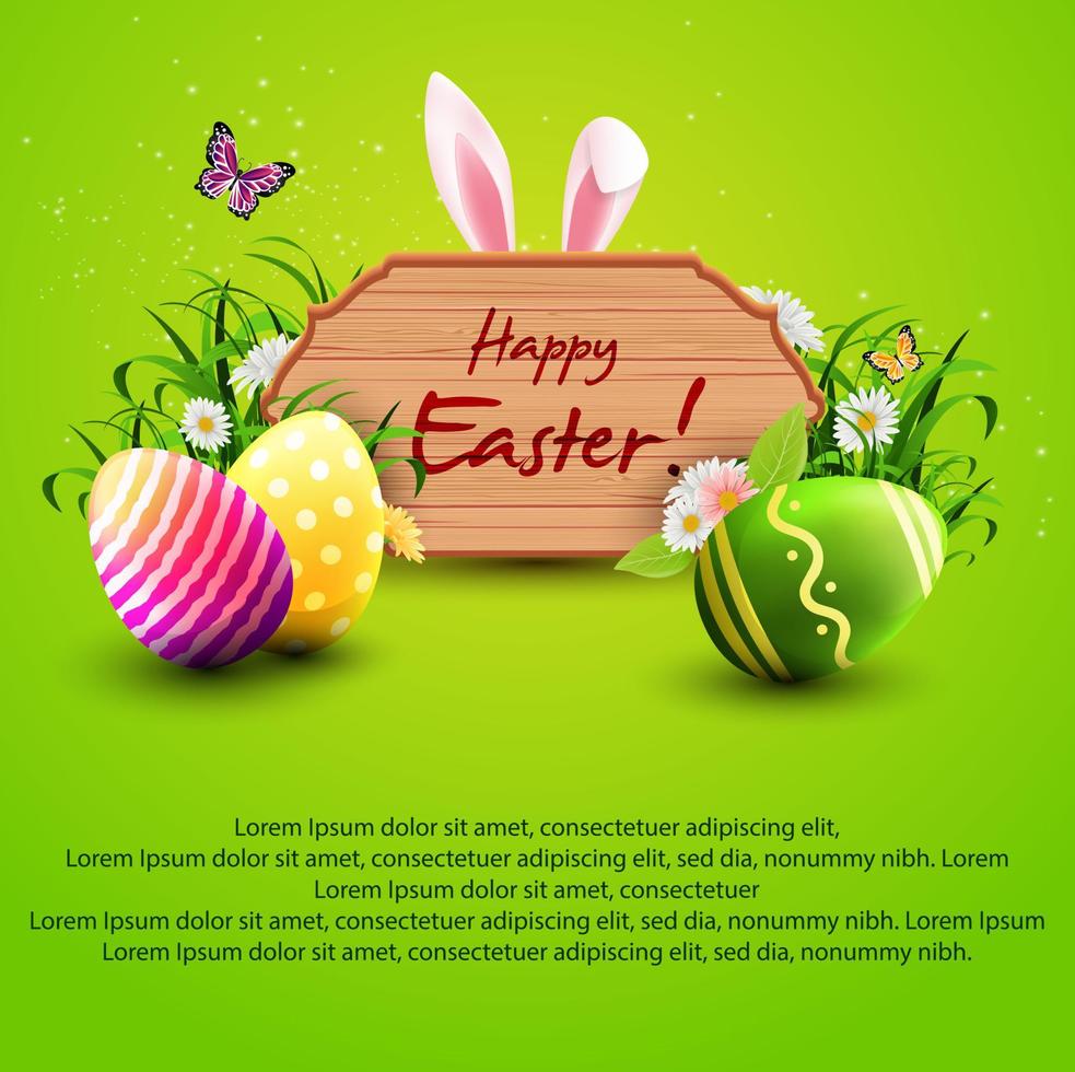 Easter greeting card with a wooden sign, bunny ears, eggs and grass on a green background vector