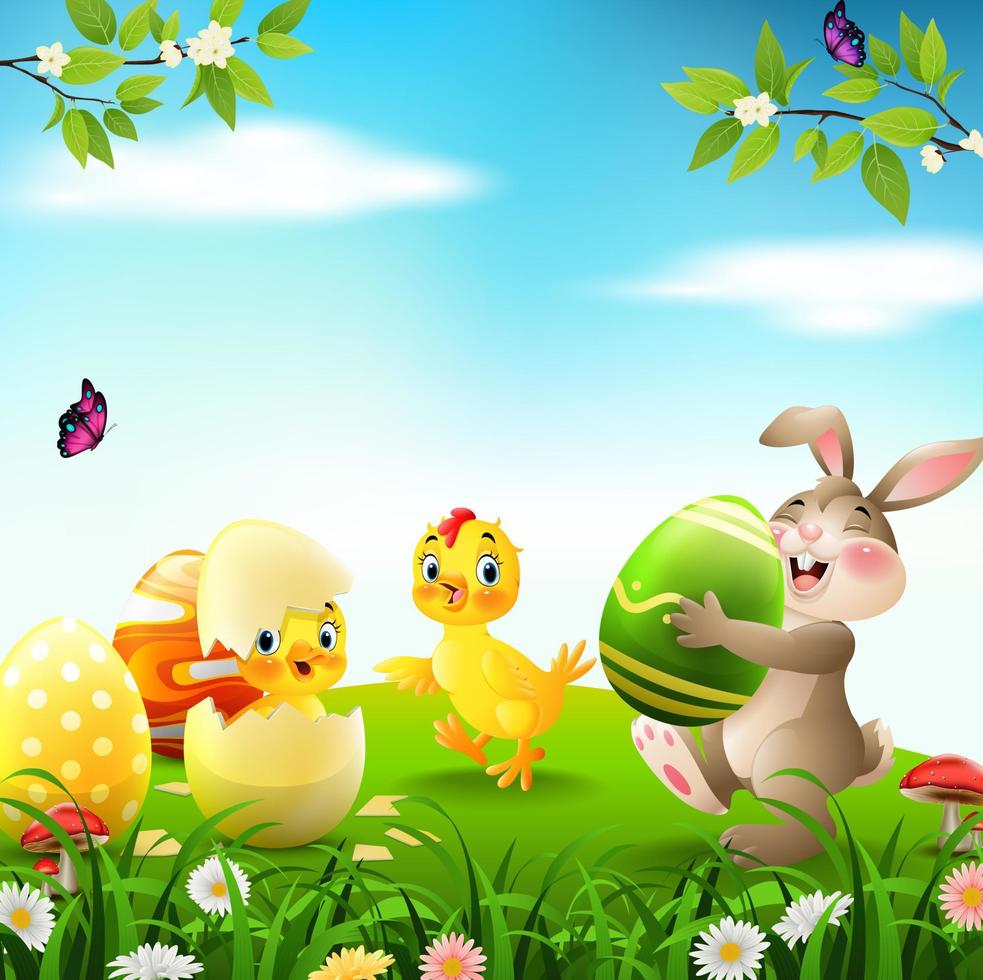 Cartoon rabbit with baby chicken and duckling in the field vector