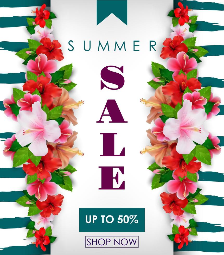 Summer sale background with tropical flowers vector