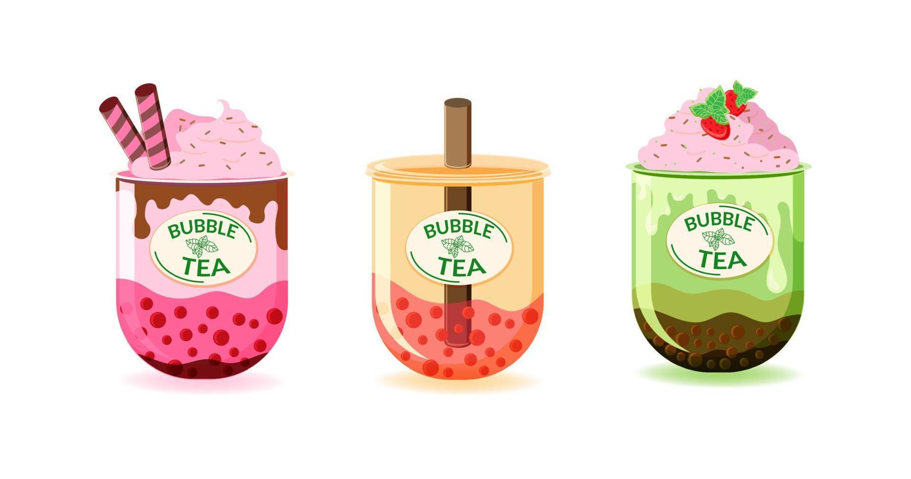 A set of different types of tea. Flat style painted elements. Fancy drinks. Green tea, matcha milk, cacao brownie and fruity, consisting of mixed fruit flavors, fresh strawberry vector