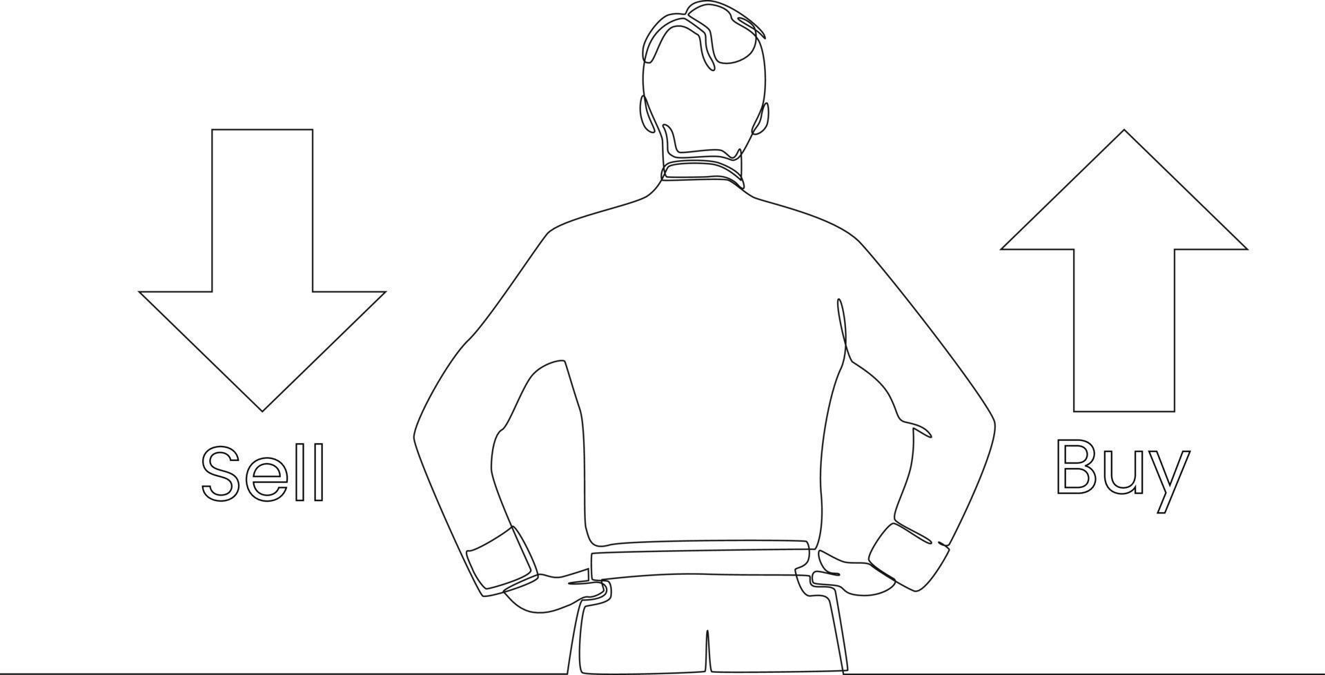 Single continuous line drawing trader standing looking  with buy and sell sign. One line draw graphic design vector illustration.