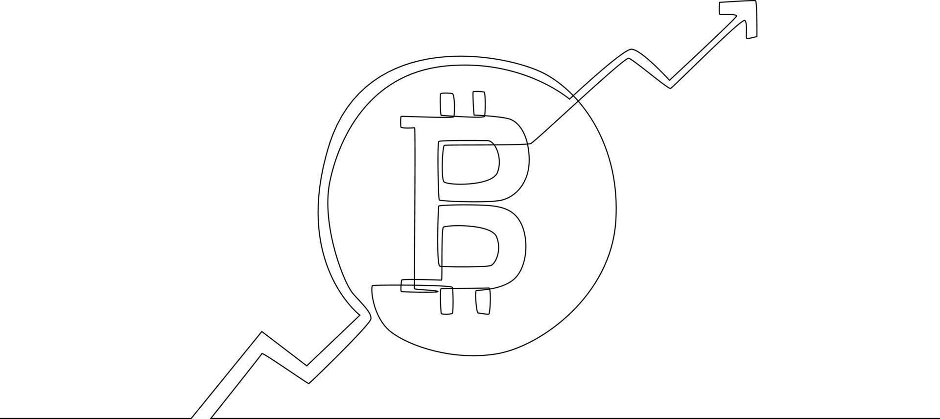 Single continuous line bitcoin currency. Crypto coin with growth up.  One line draw graphic design vector illustration.