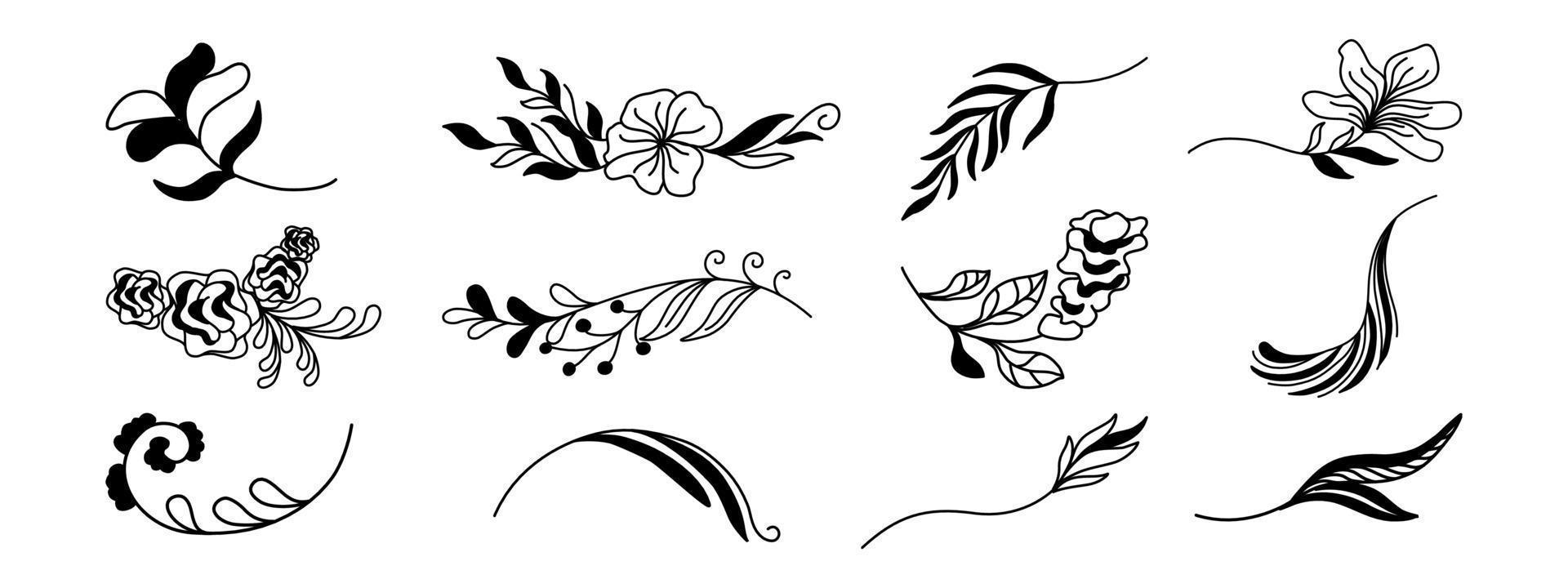 elementos de flores y hojas diseñados en tonos negros para decoraciones, tarjetas, telones de fondo, marcos, bordes, patrones de papel, patrones de tela, decoraciones temáticas de primavera, álbumes de recortes y más. vector
