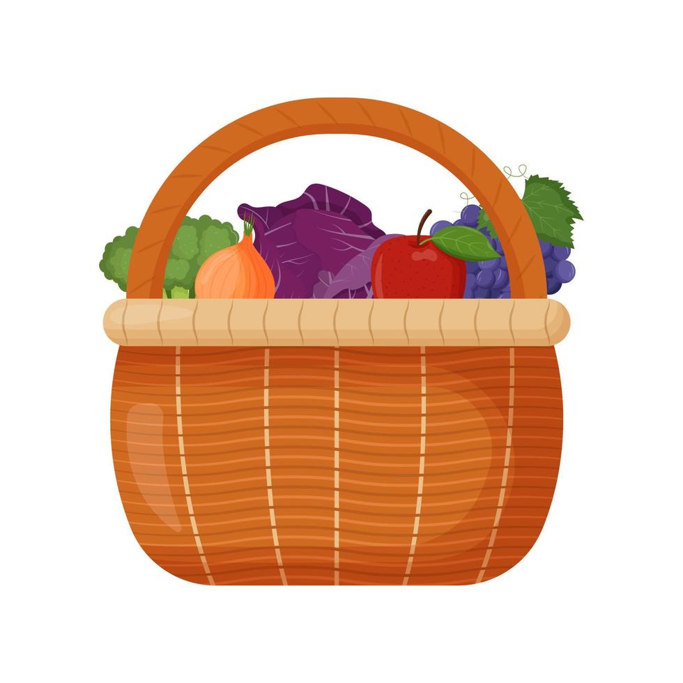 Picnic baskets. Wicker backet with fresh fruits. Tomatoes, eggplant, cabbage, pepper, onion carrot Flat vector illustration