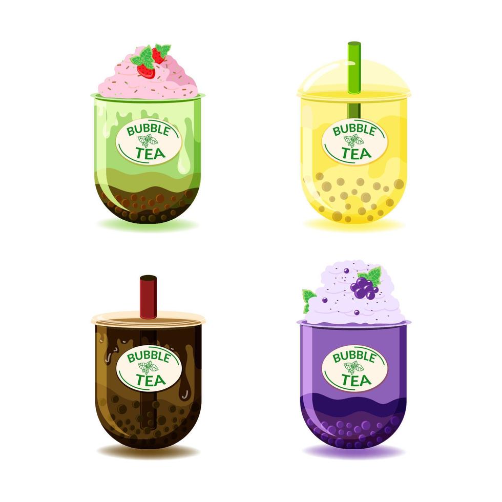 A set of different types of tea. Flat style painted elements. Fancy drinks. Green tea, matcha milk, cacao brownie and fruity, consisting of mixed fruit flavors, fresh strawberry vector