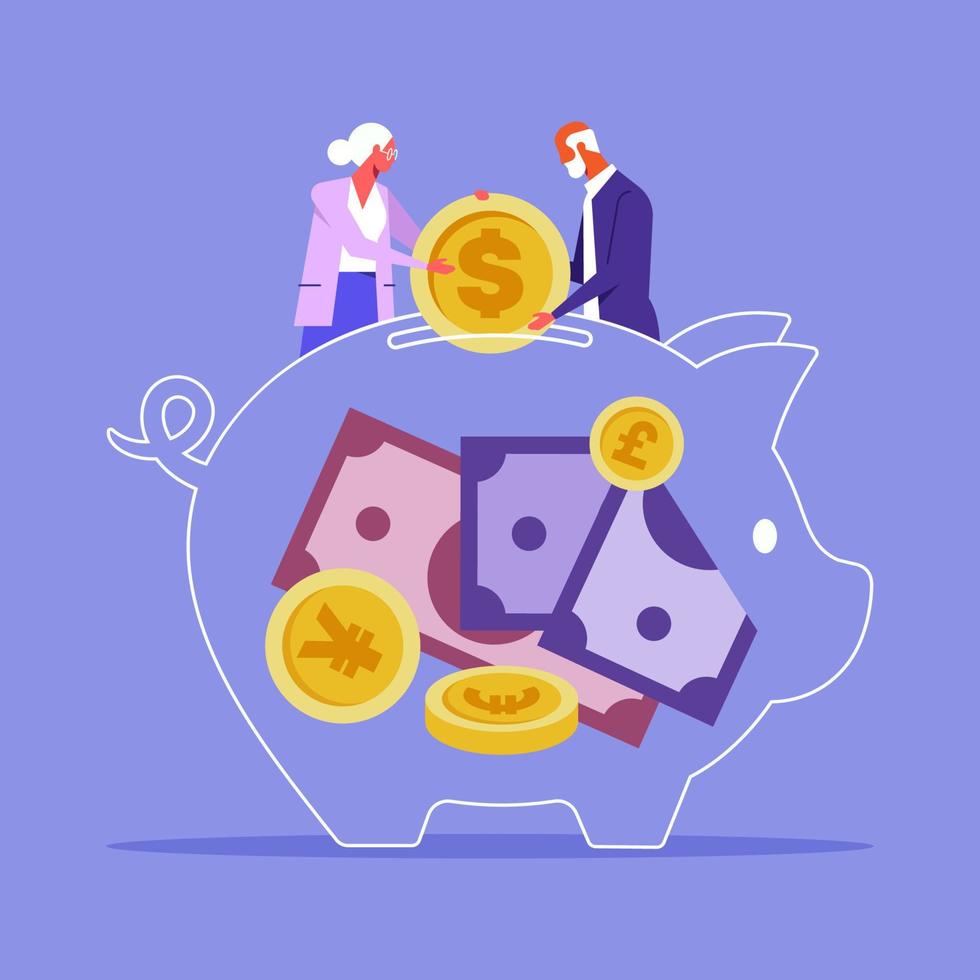 Retirement savings concept, Elder couple collecting coins into pink piggy bank, savings for happy life after retire and financial freedom vector