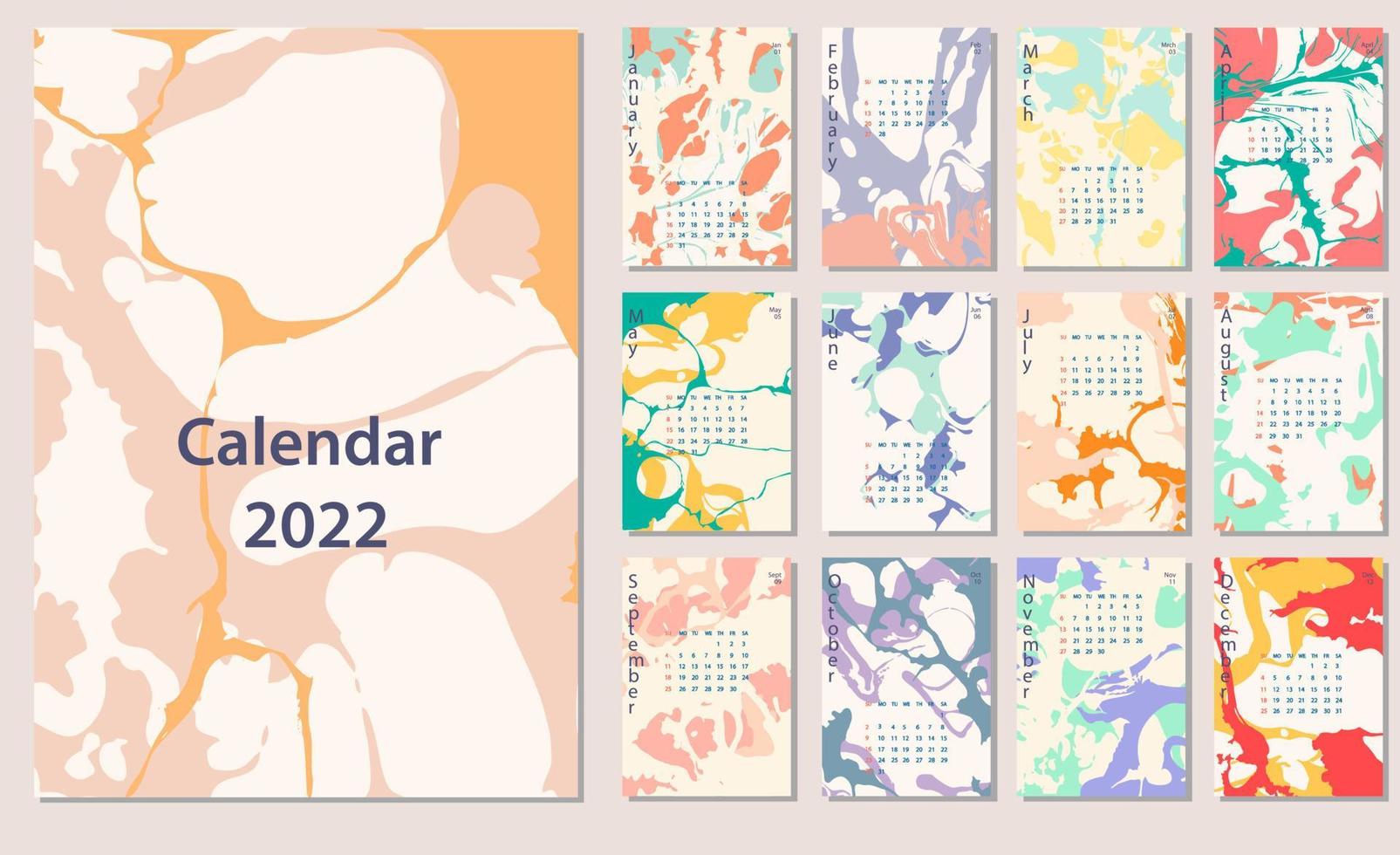 Diseño de calendario de 2022 años, inicio de semana el domingo, plantilla de página de calendario editable a4, a3 en retrato, conjunto de ilustraciones vectoriales artísticas en lindos colores vector