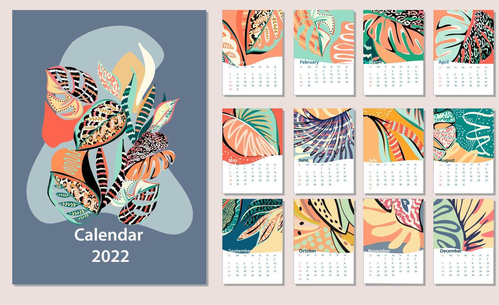 Diseño de calendario de 2022 años, inicio de semana el domingo, plantilla de página de calendario editable a4, a3 en retrato, conjunto de ilustraciones vectoriales artísticas en lindos colores vector