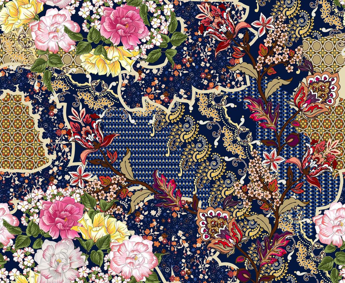 estampado de flores boho. patrón de parche de fondo oscuro con estilo indio tradicional, diseño para decoración y textiles. Perfecto para textiles y decoración. vector