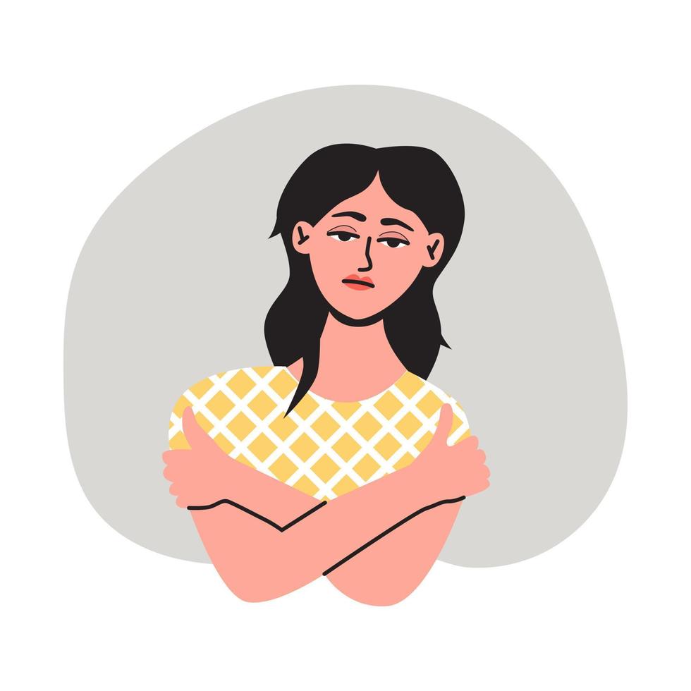 Sad, unhappy depressed woman feeling tired and worried. Mental disorder, finding answers, confusion. vector