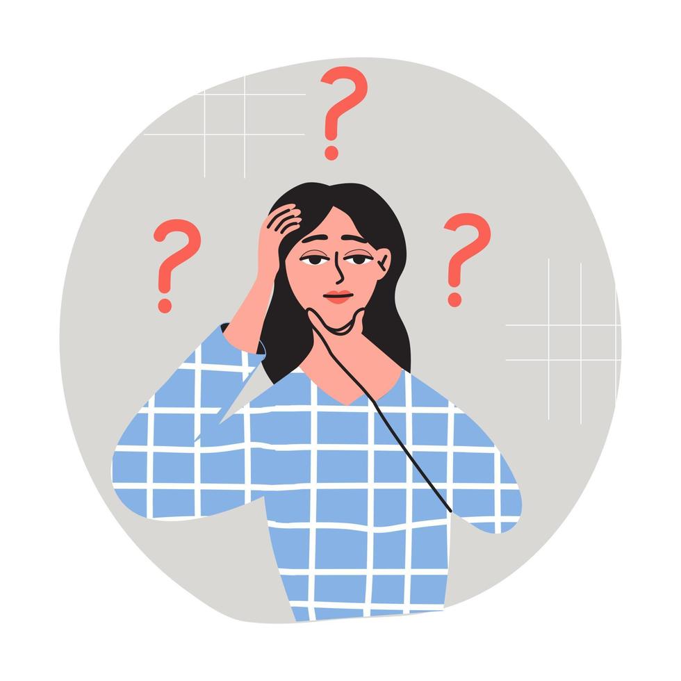 Forgetful woman holding hand to her head. Girl with some questions or memory problems. Flat vector iluustration.