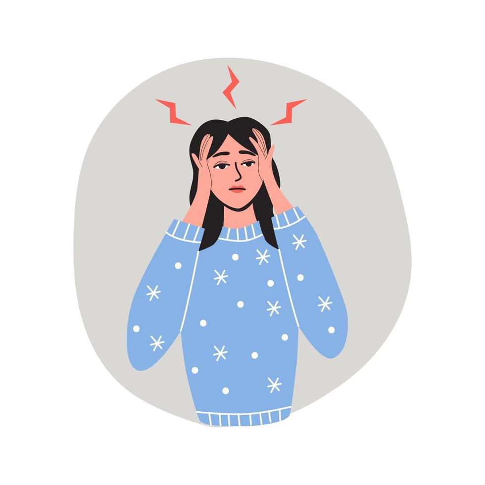 Young woman having a headache or migraine and suffering for this. Vector illustratio
