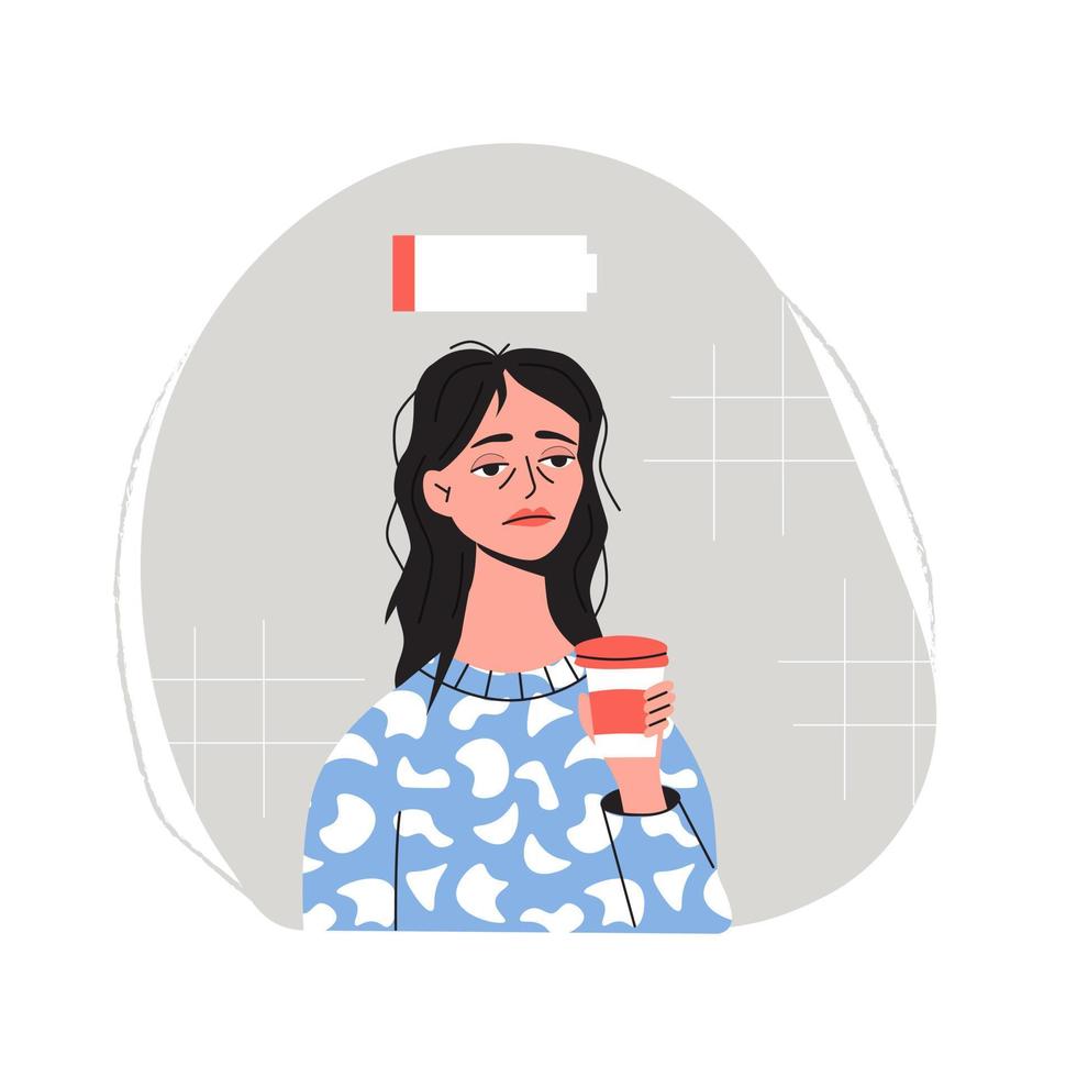 mujer cansada sosteniendo una taza de café. chica somnolienta, agotamiento, depresión, persona con poca energía. problema de salud mental. vector