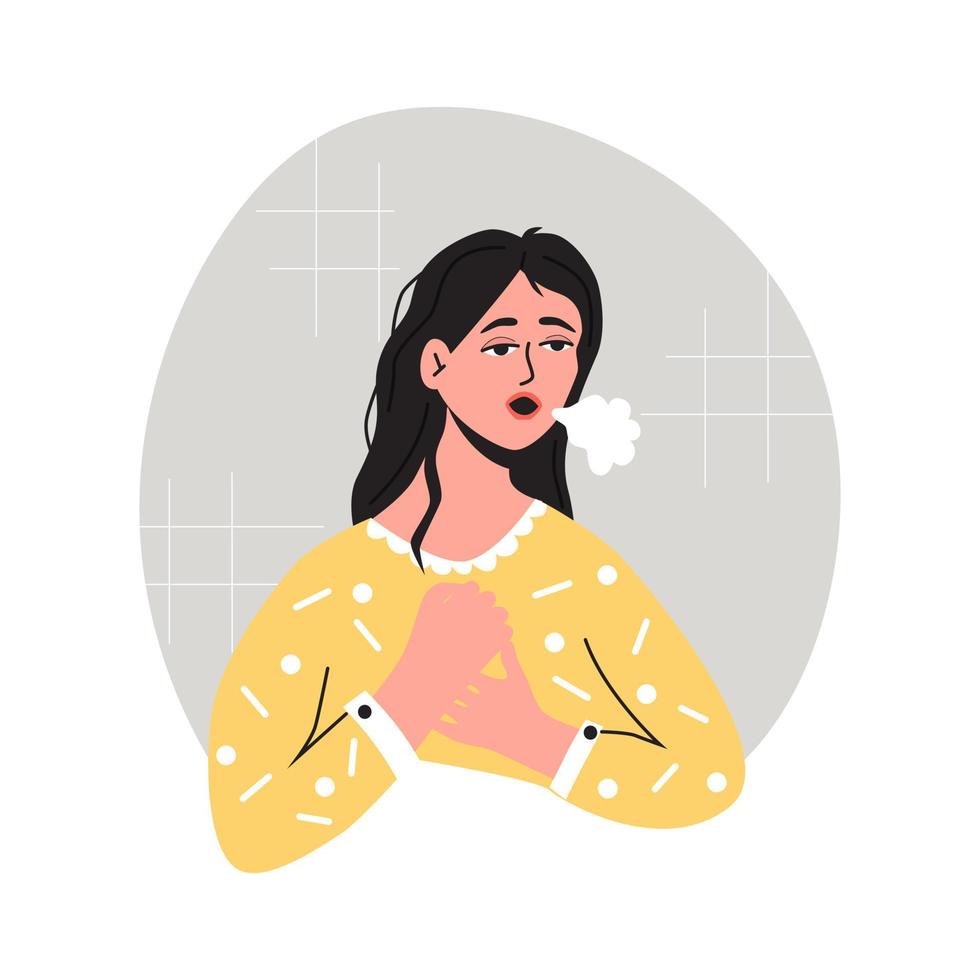 Difficult breathing, women have a heart palpitations dyspnea and suffering for this. Flat vector illustration