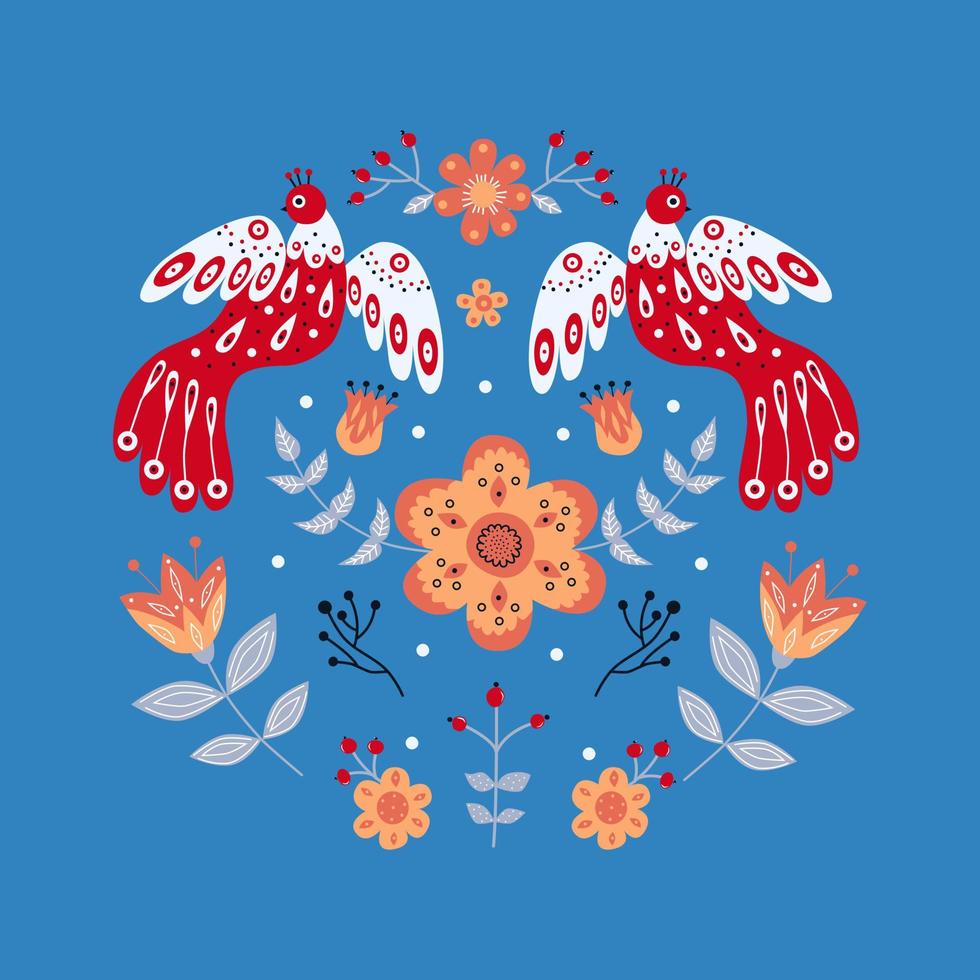 Vector ornament with various birds, flowers and leaves with different folk compositions. Motif in scandinavan style.