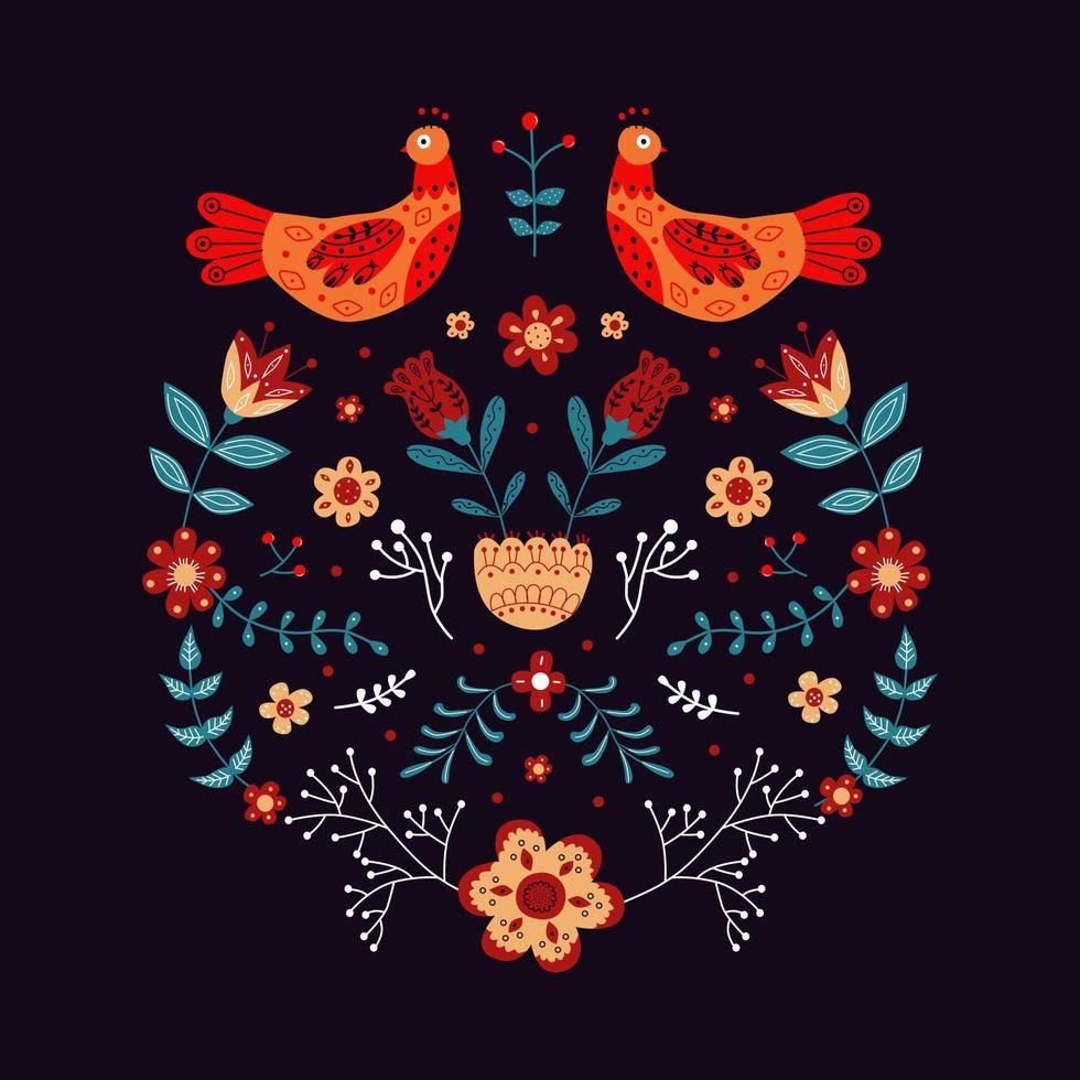 Vector ornament with various birds, flowers and leaves with different folk compositions. Motif in scandinavan style.