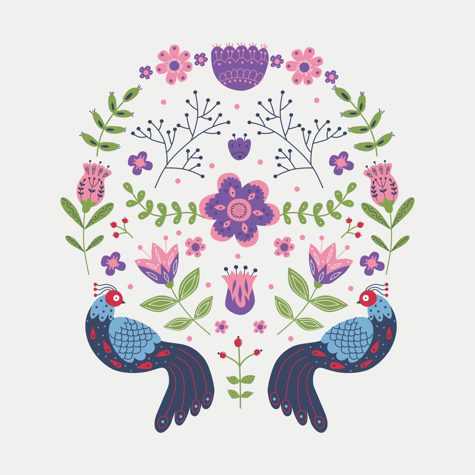 Vector ornament with various birds, flowers and leaves with different folk compositions. Motif in scandinavan style.