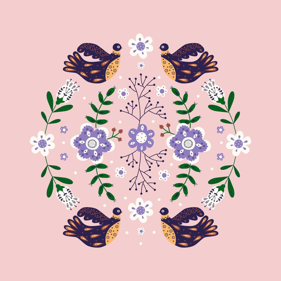 Vector ornament with various birds, flowers and leaves with different folk compositions. Motif in scandinavan style.