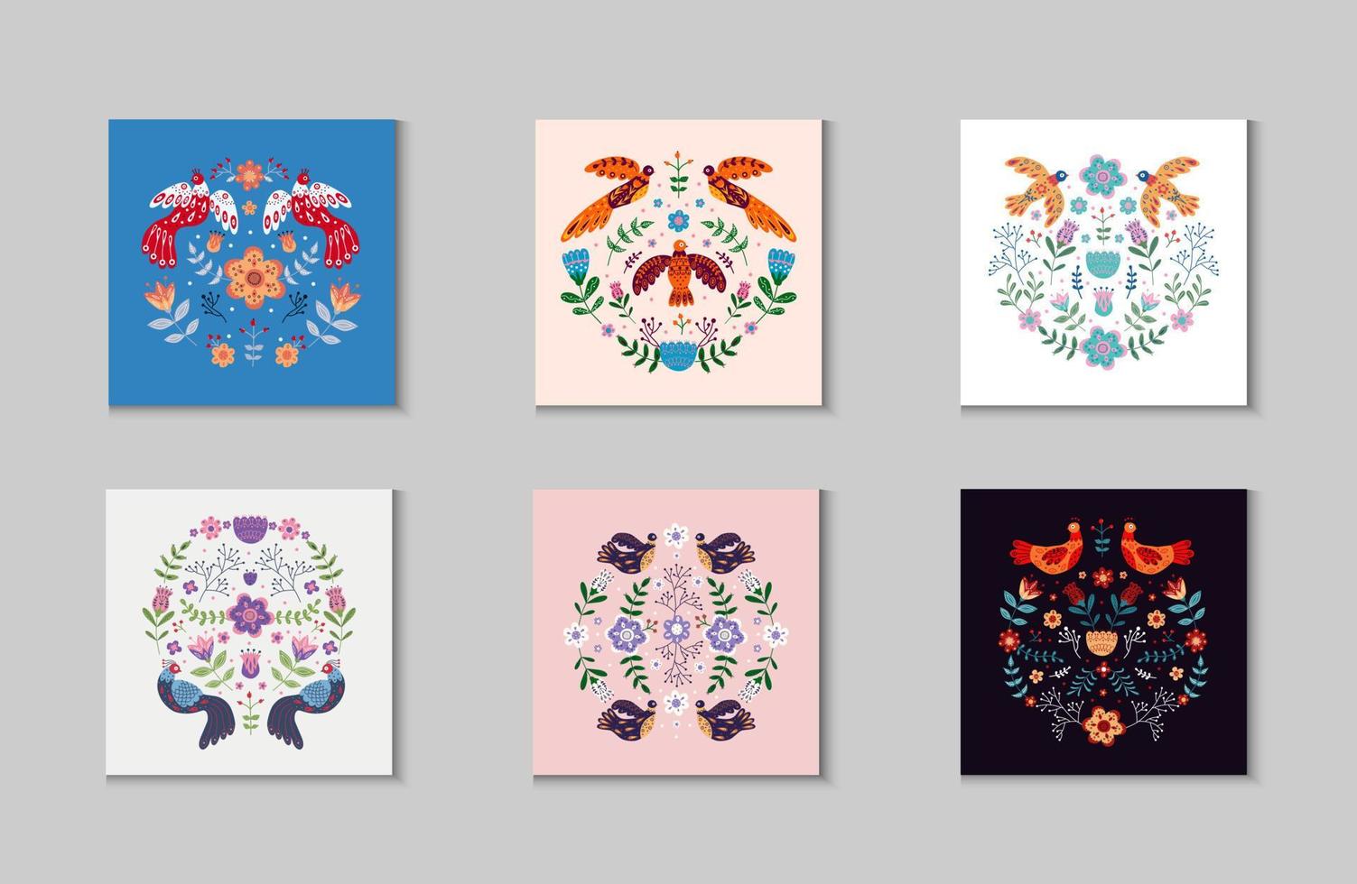 Vector ornaments set with various birds, flowers and leaves with different folk compositions. Motif in scandinavan style.