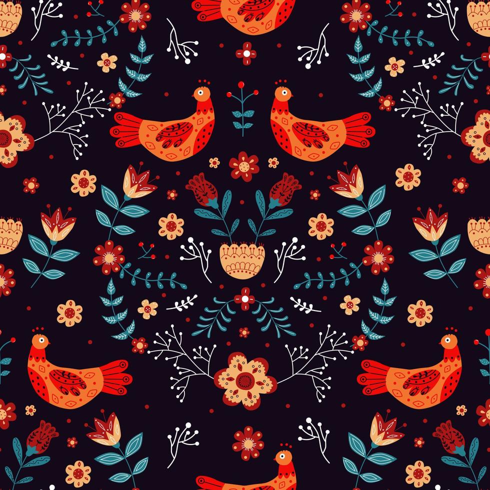 Vector seamless pattern with various birds, flowers and leaves with different folk ornaments.