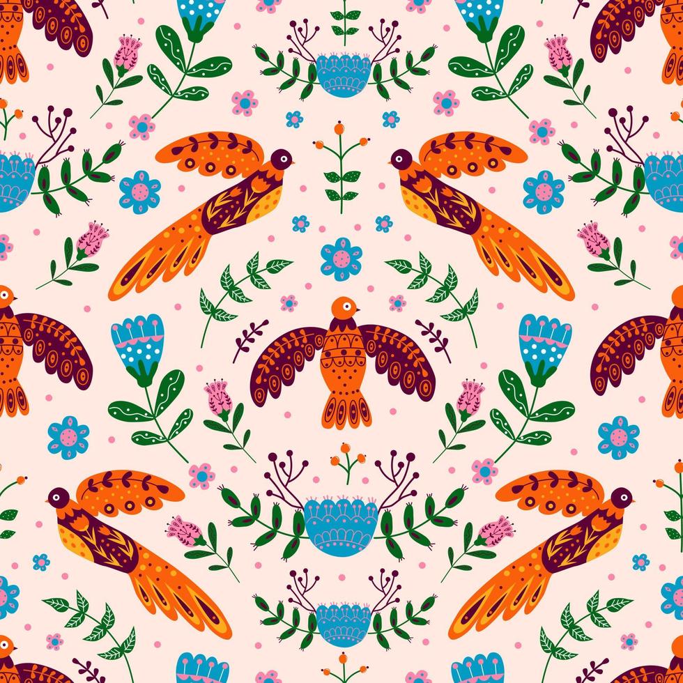 Vector seamless pattern with various birds, flowers and leaves with different folk ornaments.