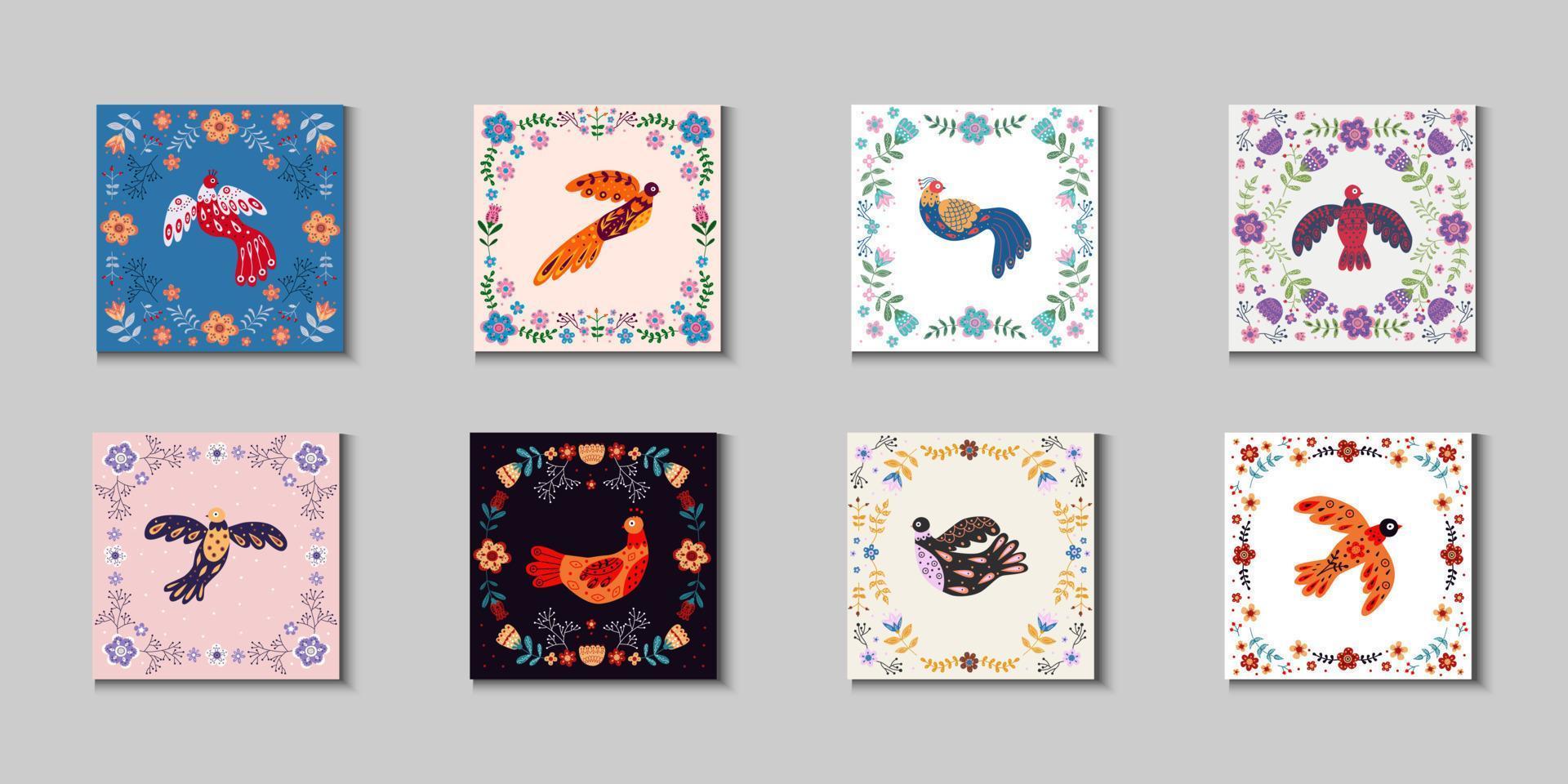 Vector frame with various birds, flowers and leaves with different folk compositions. Motif in scandinavan style.