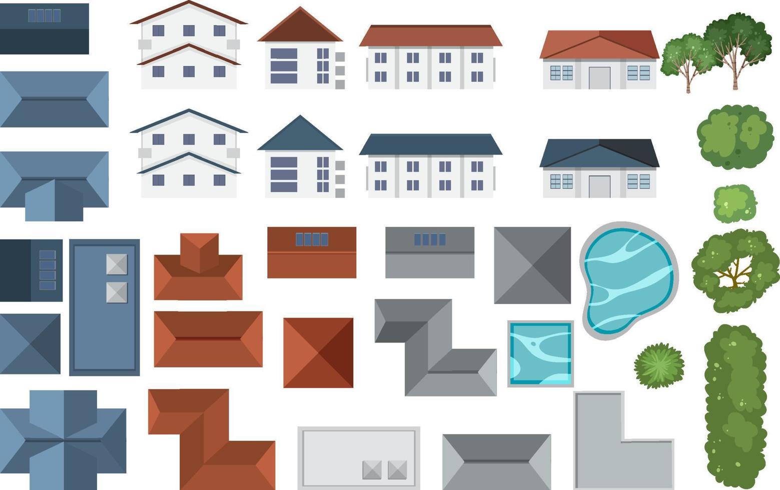Set of aerial view houses and decor element vector
