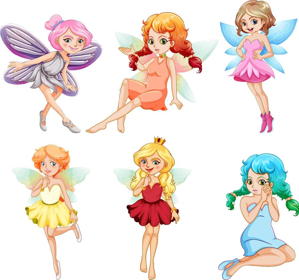 Set of different beautiful fairy girl cartoon character vector