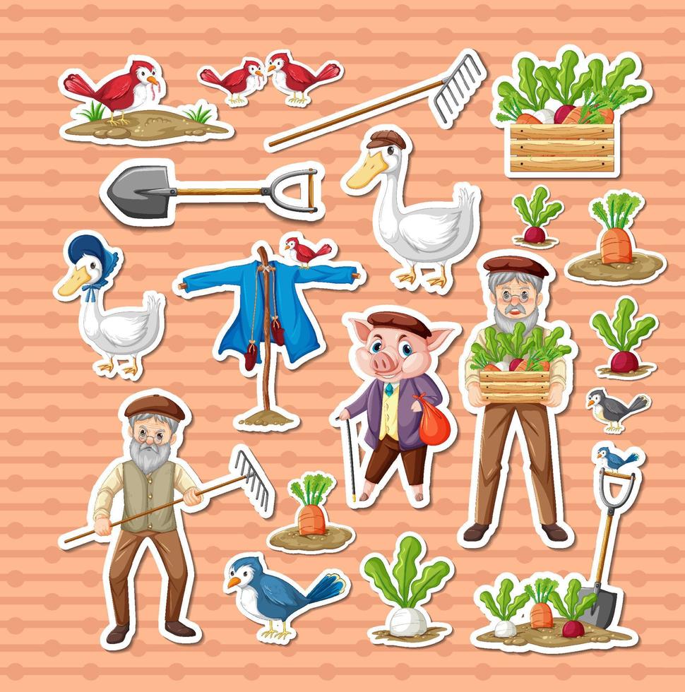 Sticker pack of farm objects and old farmer cartoon characters vector