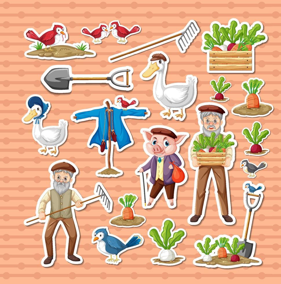 Sticker pack of farm objects and old farmer cartoon characters vector