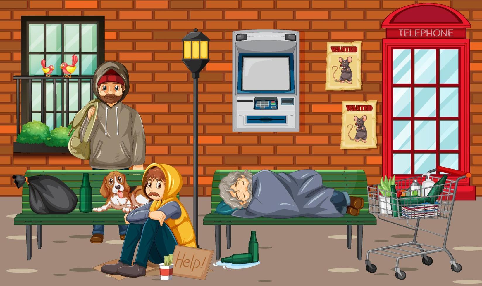 Outdoor scene with homeless people vector