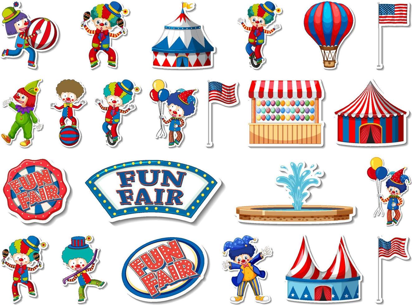 Sticker set of amusement park and fun fair objects vector