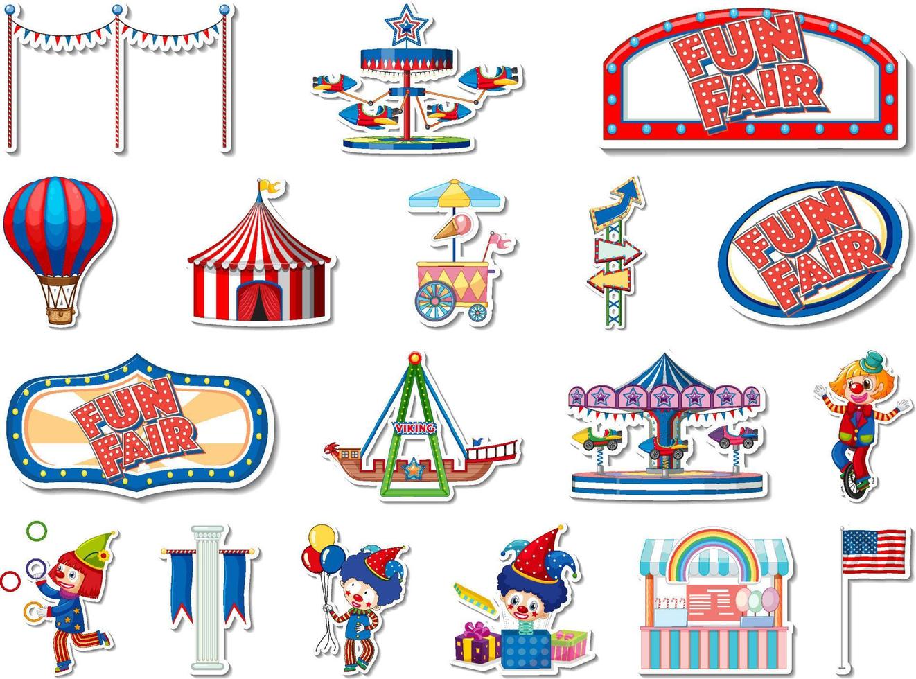 Sticker set of amusement park and fun fair objects vector